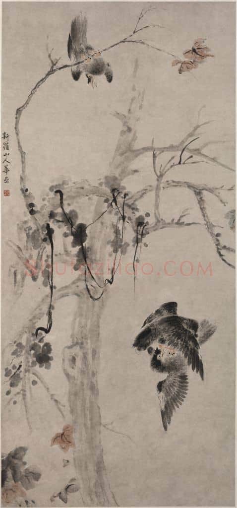 华喦秋树斗禽图轴 | 故宫绘画藏品