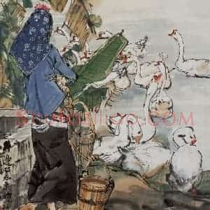 1985年 黄胄《井边牧鹅》国画综合作品图片赏析