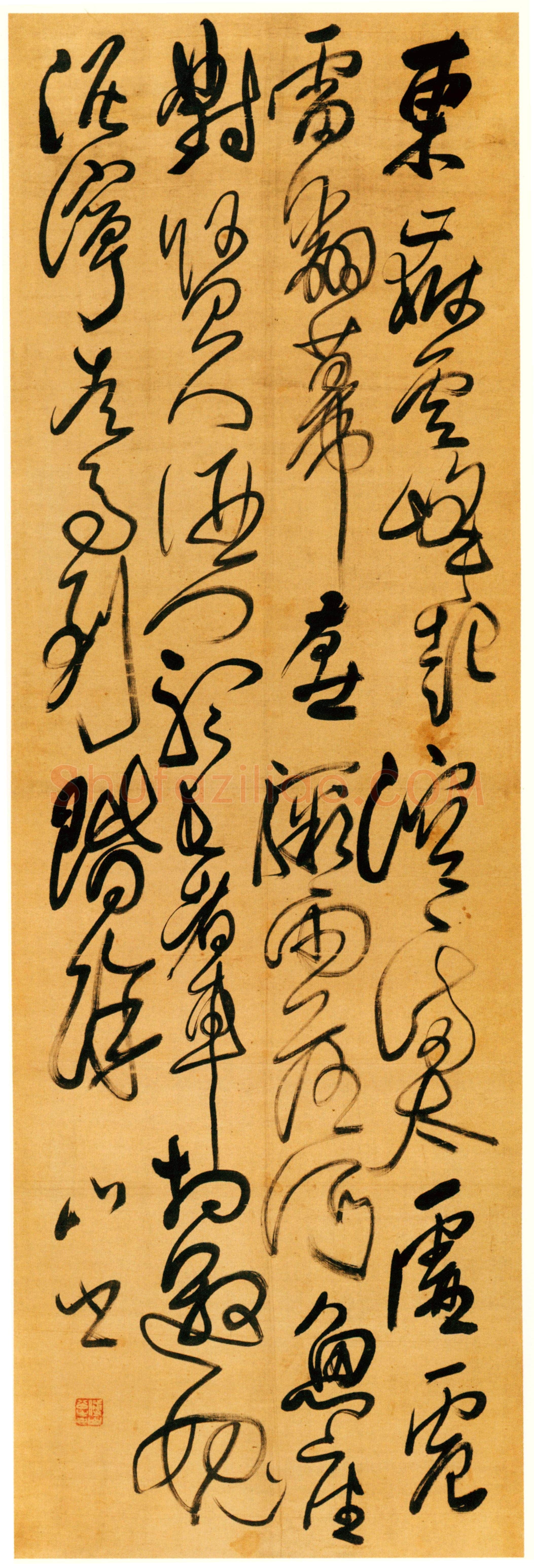 傅山《草书杜甫对雨书怀走邀许十一簿公诗》绢本 154×51.6cm。天津博物馆藏