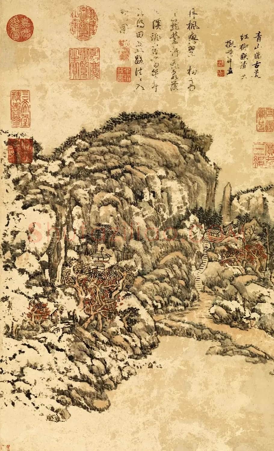 清代王原祁画山水轴附书法题跋 | 传世书法作品鉴赏